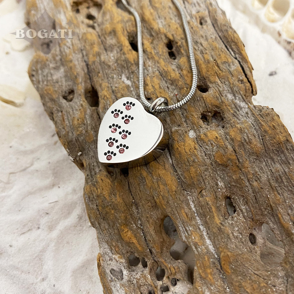 J-623 - Silver-tone Heart with Paw Print Rhinestones - Pendant with Chain