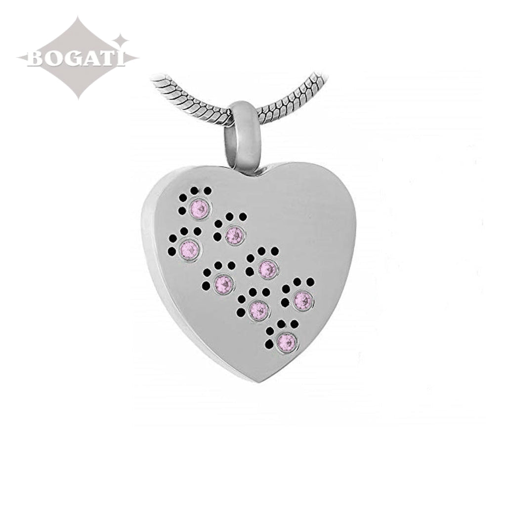 J-623 - Silver-tone Heart with Paw Print Rhinestones - Pendant with Chain - pINK