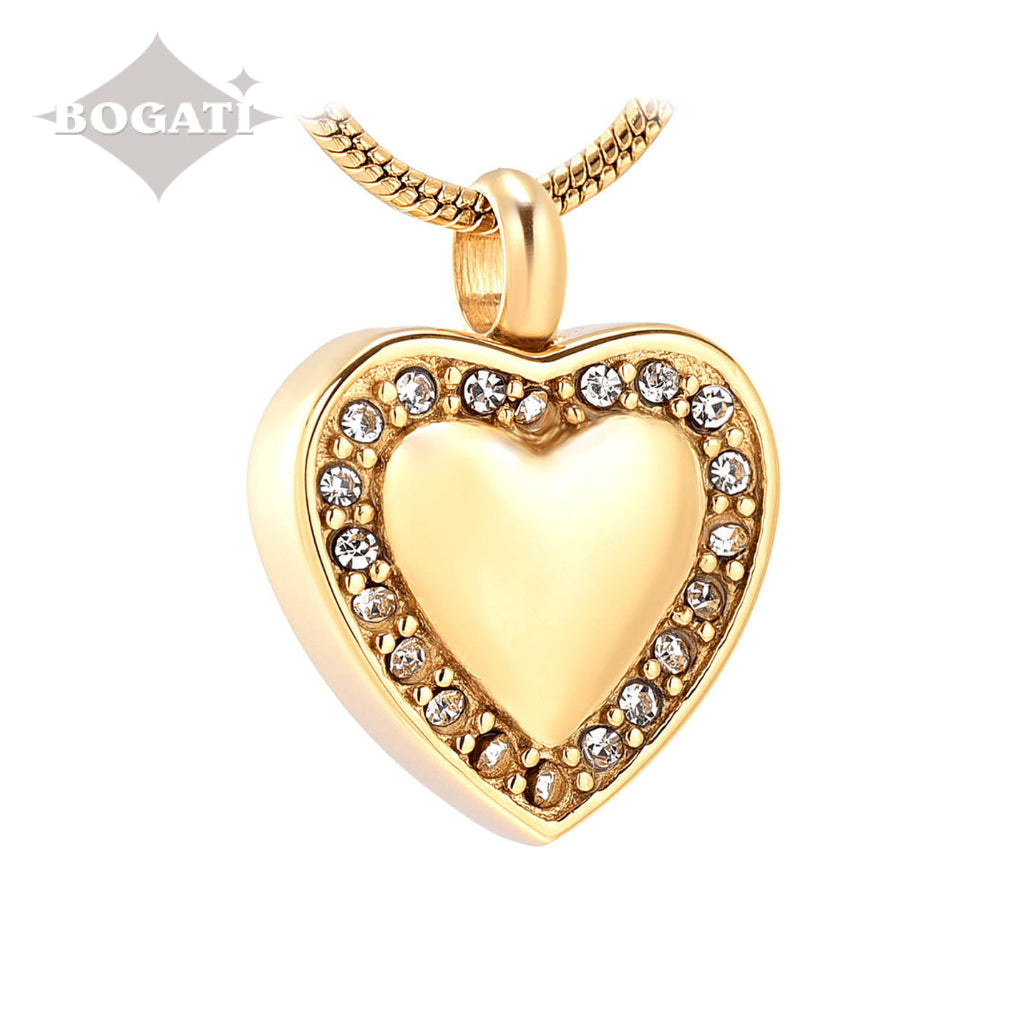 J-754- Heart with Rhinestones - Pendant with Chain - Gold