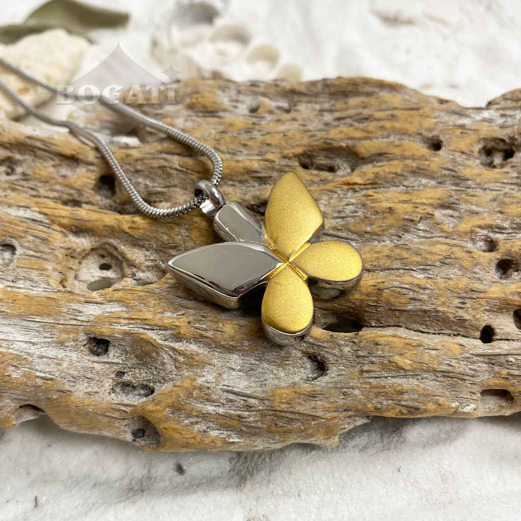 J-7950 - Double Tone Butterfly - Silver & Gold-tone - Pendant with Chain