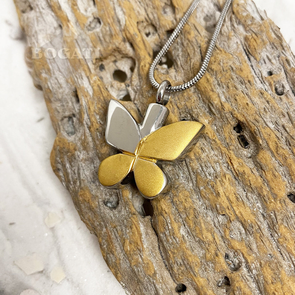 J-7950 - Double Tone Butterfly - Silver & Gold-tone - Pendant with Chain