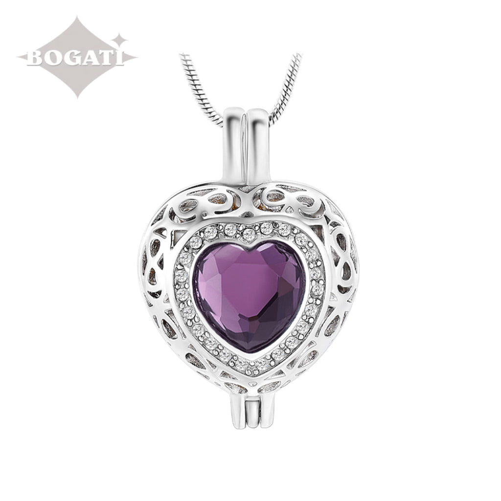 J-806 Silver-tone Heart Locket with Birthstone Simulated Gem February