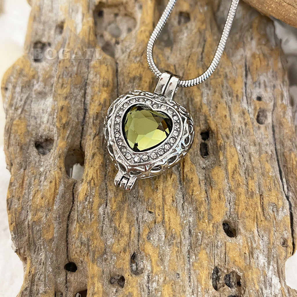 J-806 Silver-tone Heart Locket with Birthstone Simulated Gem