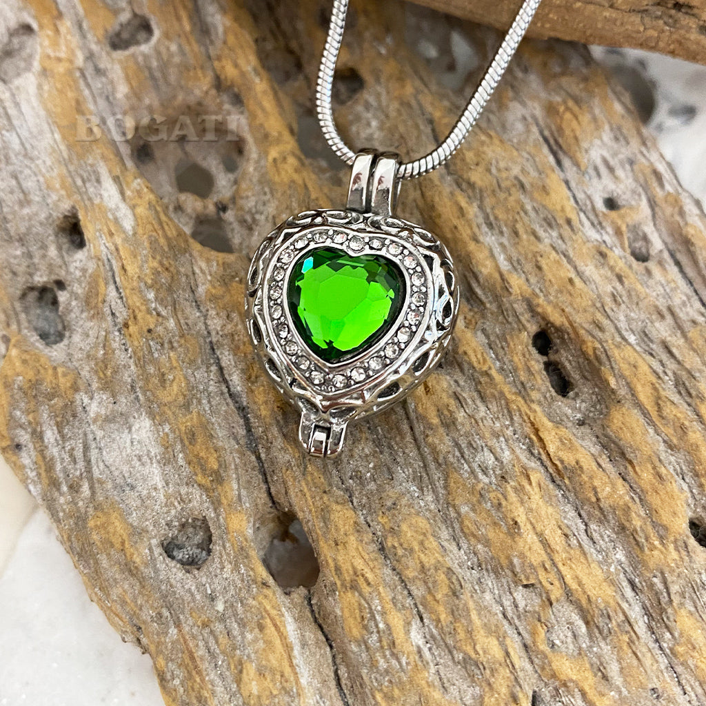 J-806 Silver-tone Heart Locket with Birthstone Simulated Gem