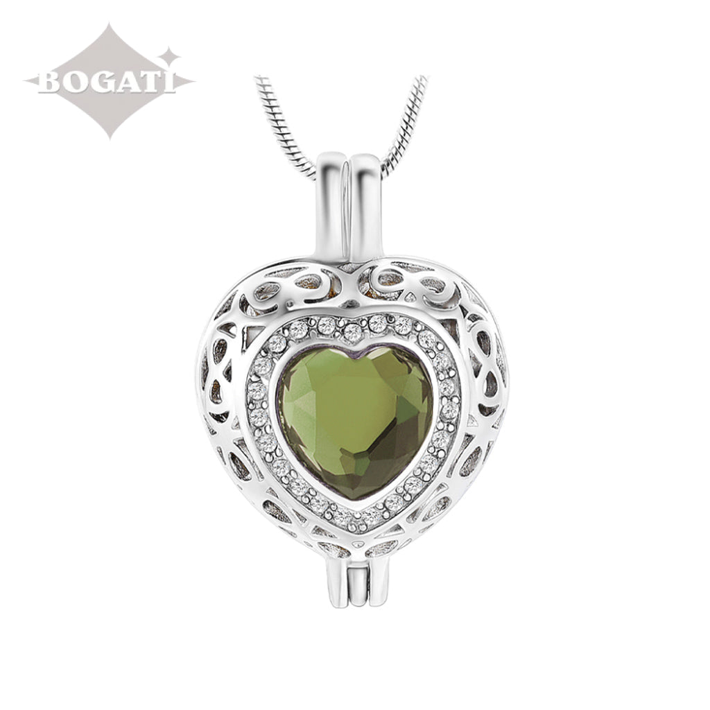 J-806 Silver-tone Heart Locket with Birthstone Simulated Gem August