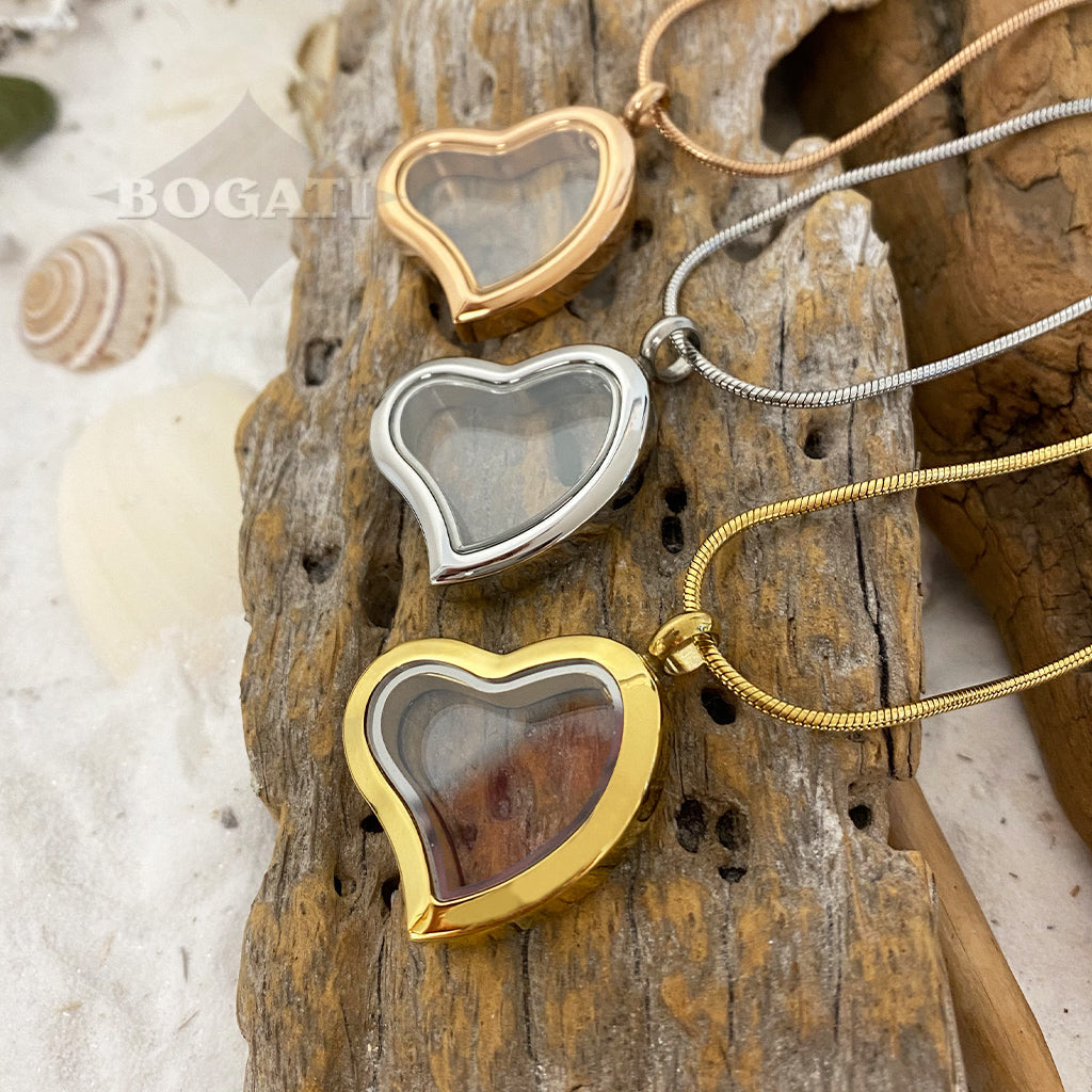 J-8886 - Fillable Curved Glass Heart - Pendant with Chain