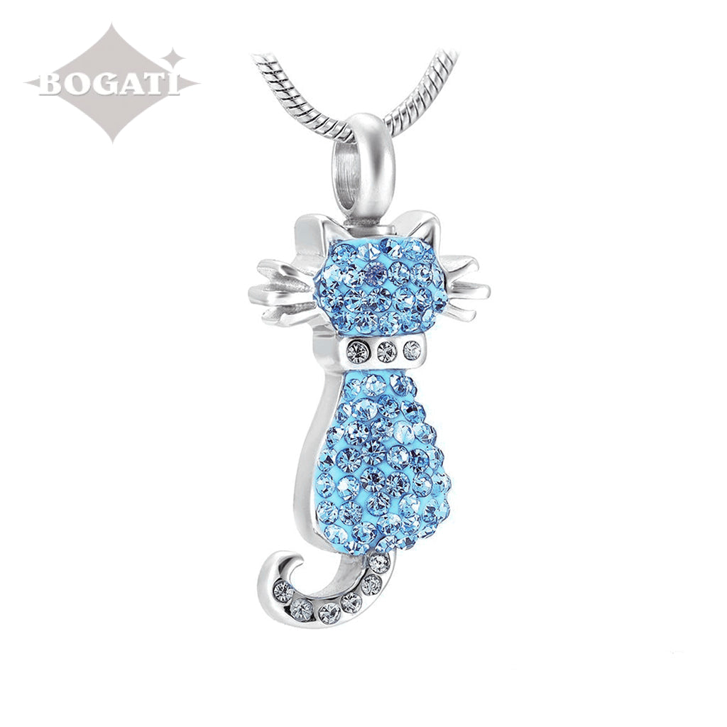 J-921 - Cat With Rhinestones Pendant Chain Blue