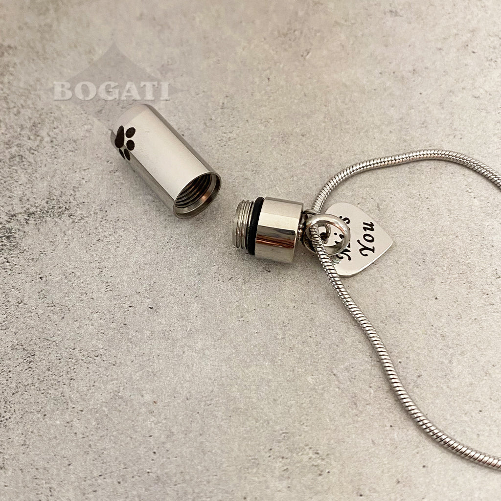 J-937 - Paw Print Cylinder with Heart Charm - Silver-tone - Pendant with Chain