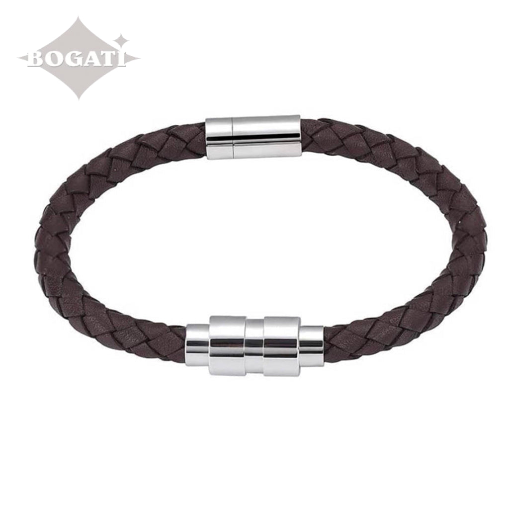 J-BRAC-06- Braided Leather Bracelet with Silver Clasp - Brown