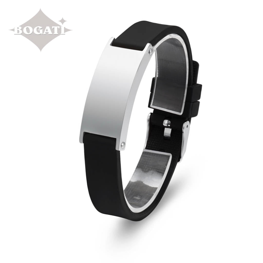 J-BRAC-10 Black Silicone Strap Bracelet with Silver-tone Plaque