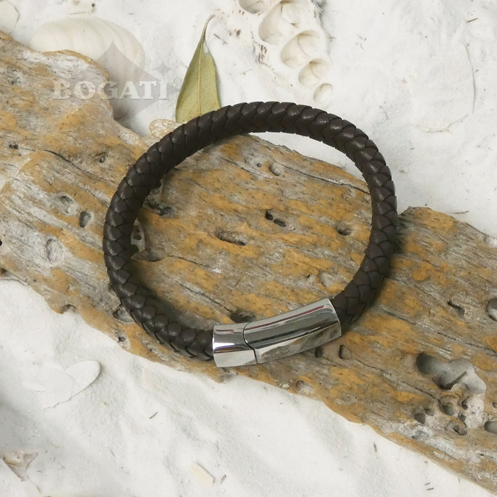 J-Brac-12 Braided Leather Flat Bracelet With Modern Clasp - 8.5