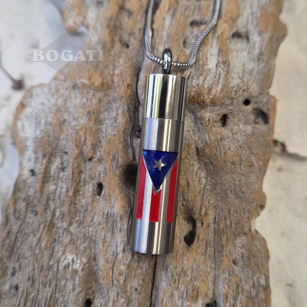 J-CYL-PRF - Puerto Rican Flag Cylinder - Silver-tone - Pendant with Chain