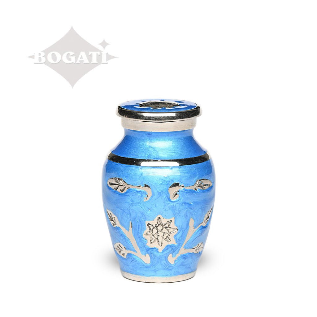KEEPSAKE Brass urn -1500- Florentine Corn Flower Design Blue
