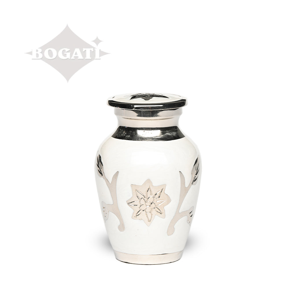 KEEPSAKE Brass urn -1500- Florentine Corn Flower Design White