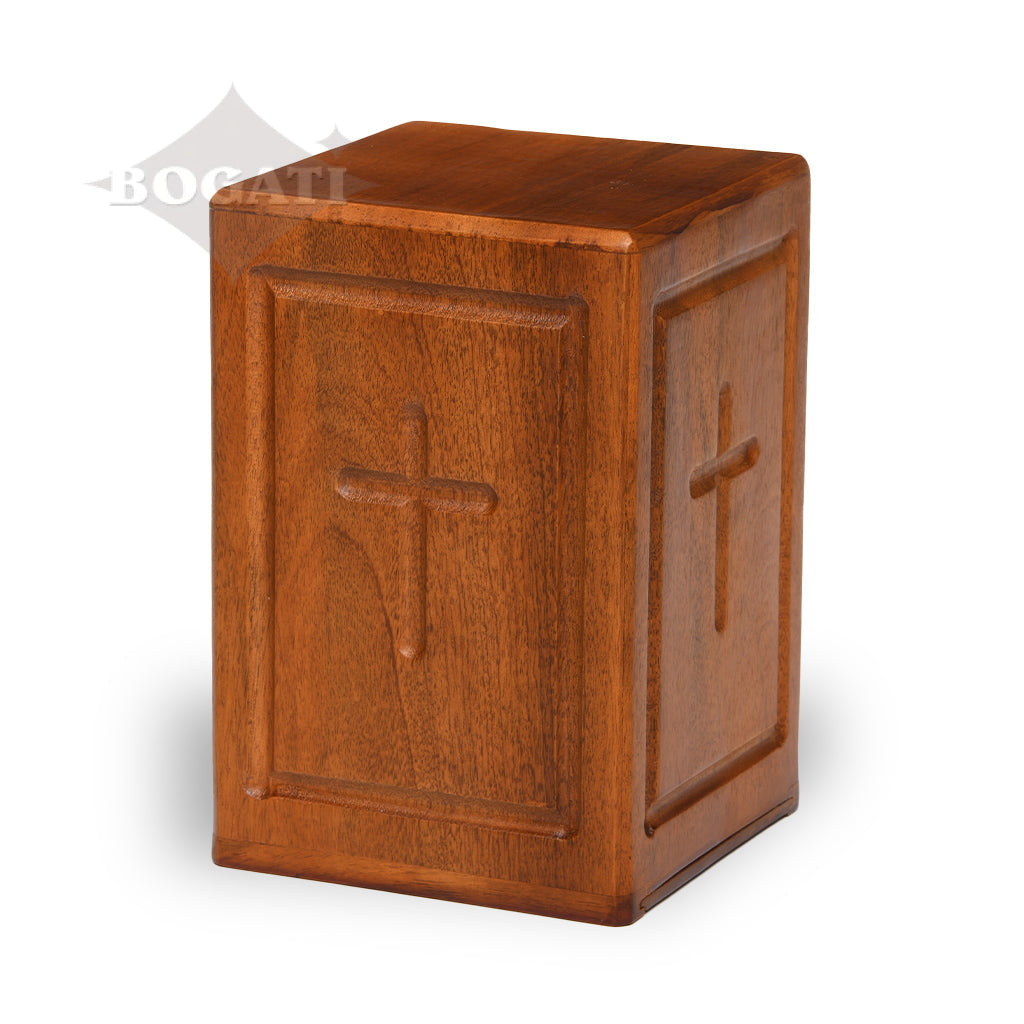 ADULT - Mango Wood Rustic Tower Urn - Border and Cross