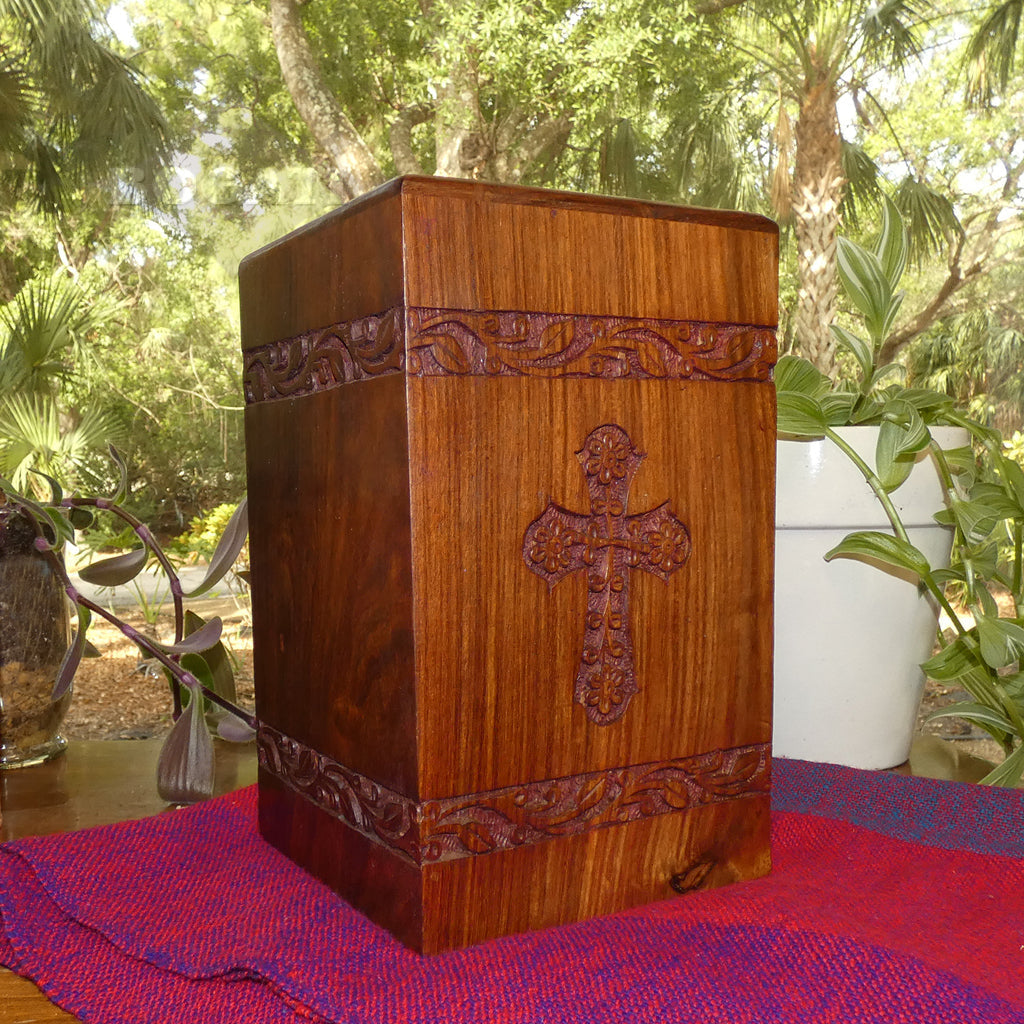 ADULT - Rosewood Tower Urn -2733- Hand-Carved Cross Design