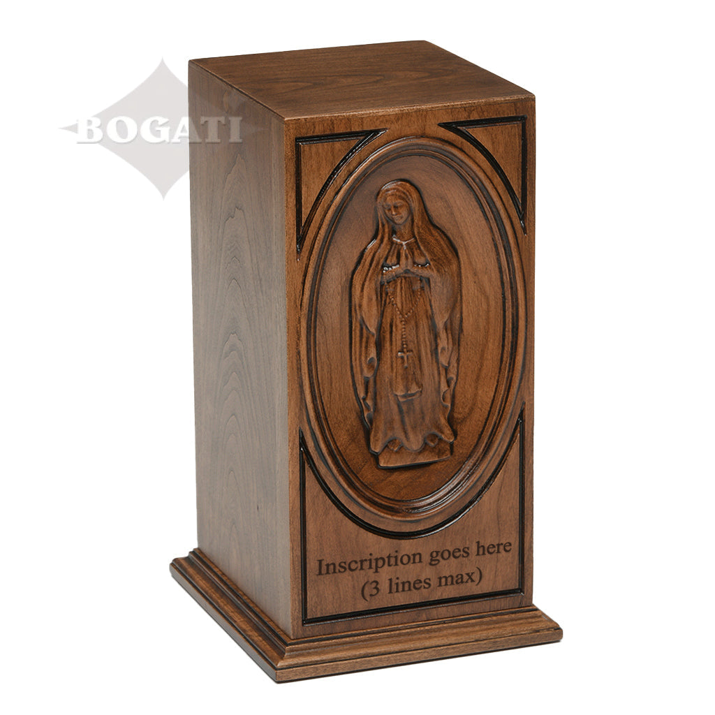 ADULT - Cherry Wood Handmade Carved Tower Urn with the Virgin Mary