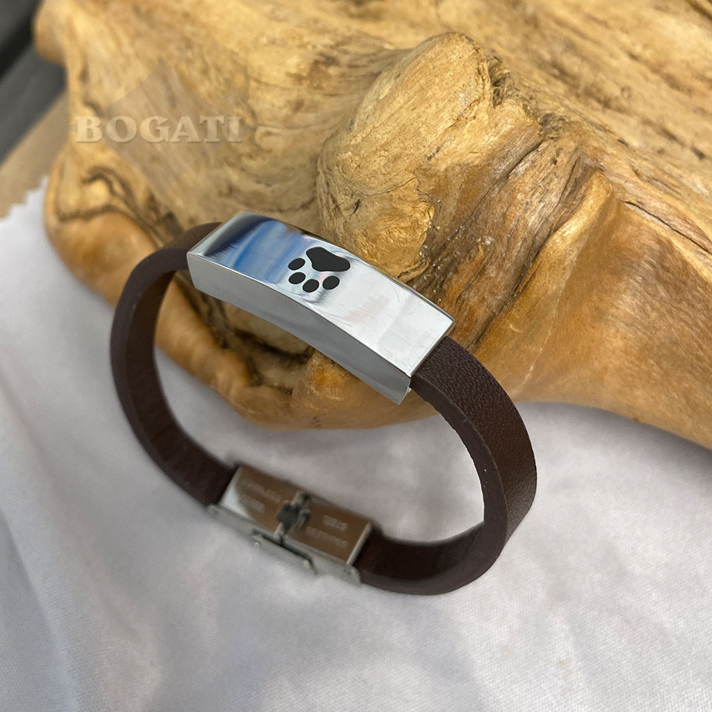 J-BRAC-07- Smooth Brown Leather Bracelet with Pawprint in Plaque - 7.25"