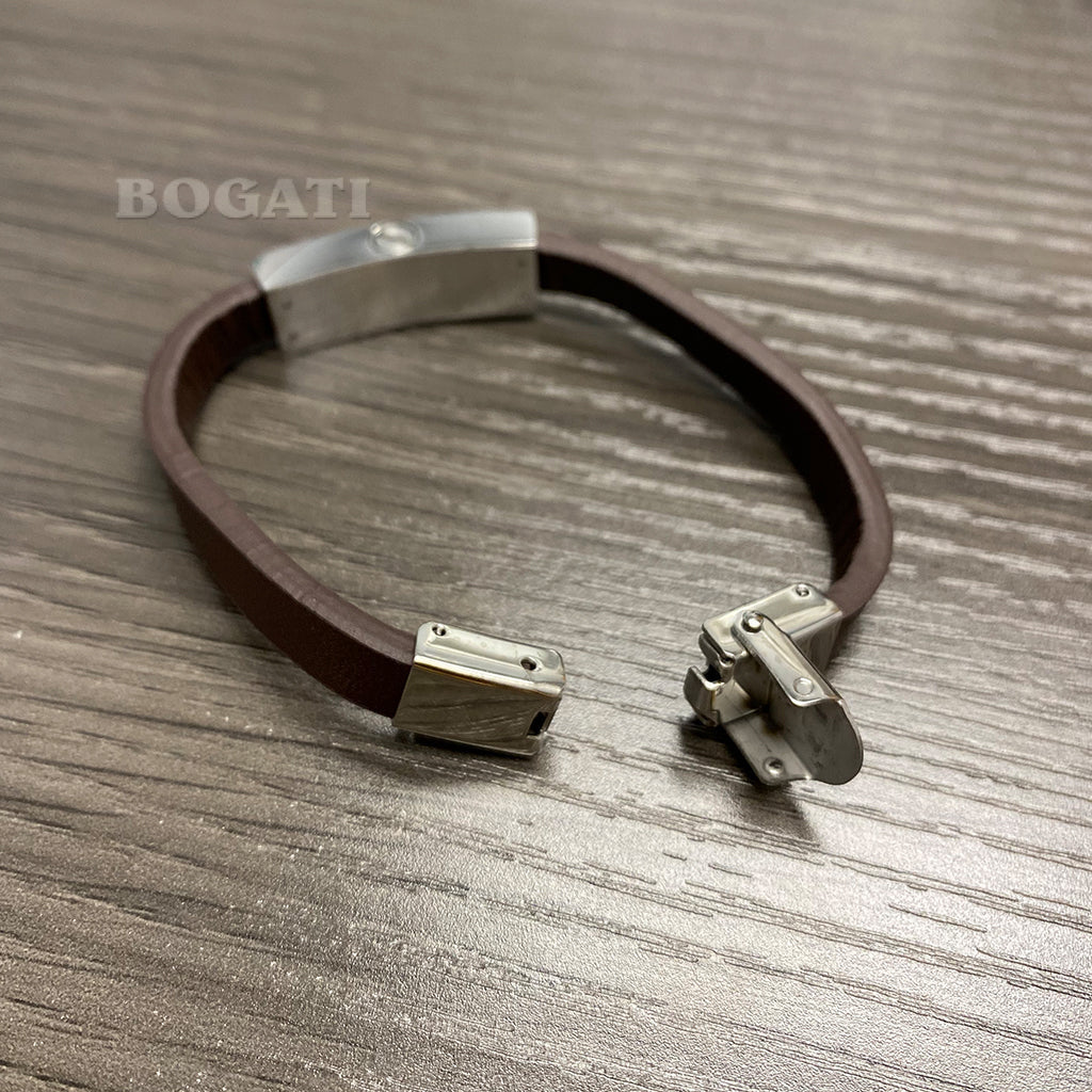 J-BRAC-07- Smooth Brown Leather Bracelet with Plaque - 7.25"