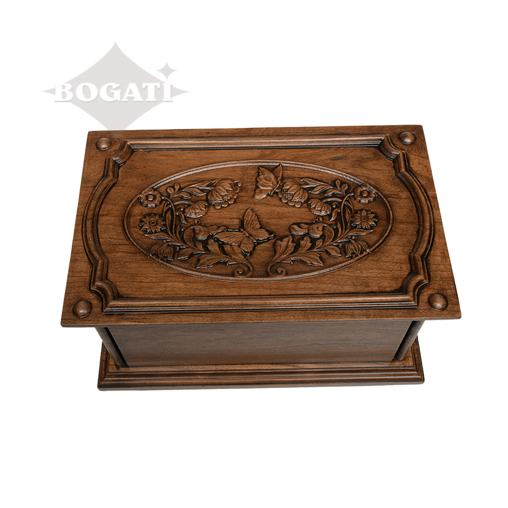 ADULT - Cherry Wood Handmade Carved Urn with Flowers & Butterflies