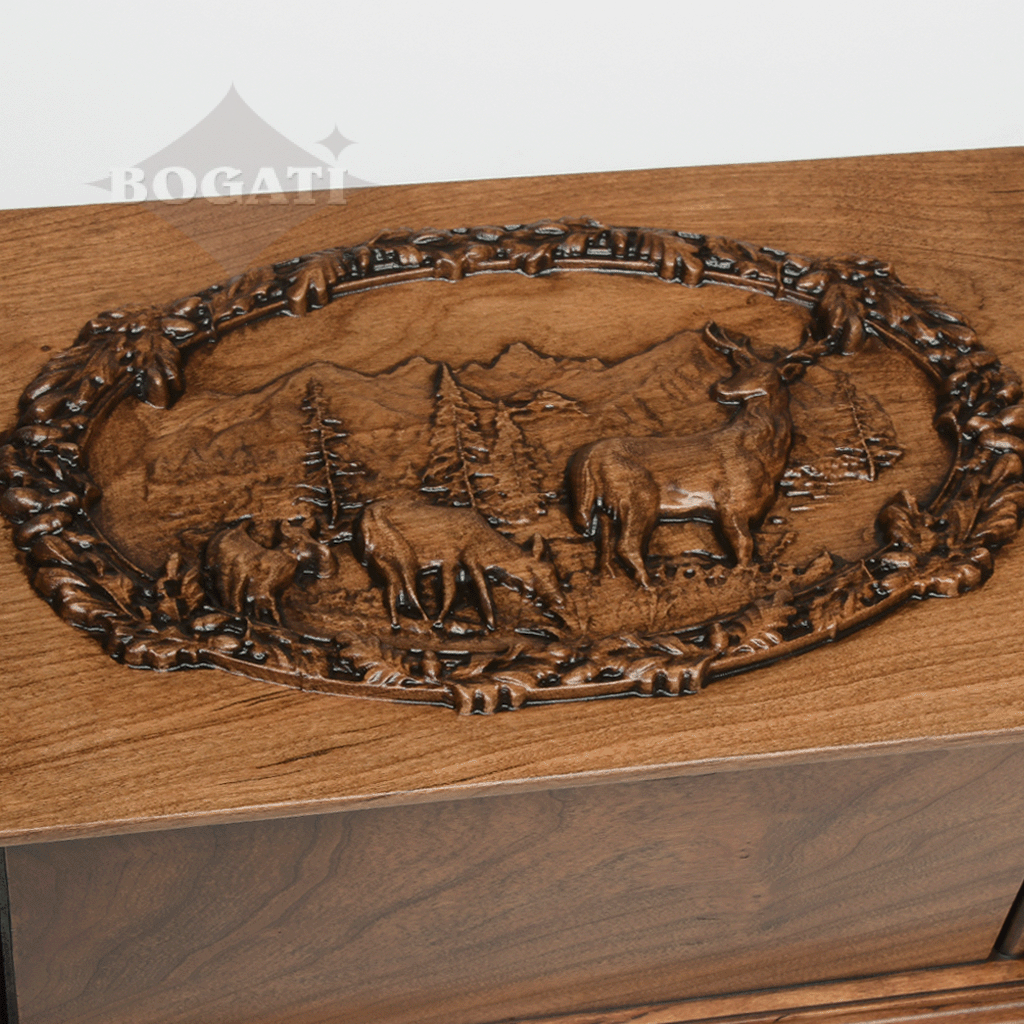 ADULT - Cherry Wood Handmade Carved Urn with Elk Mountain Scene