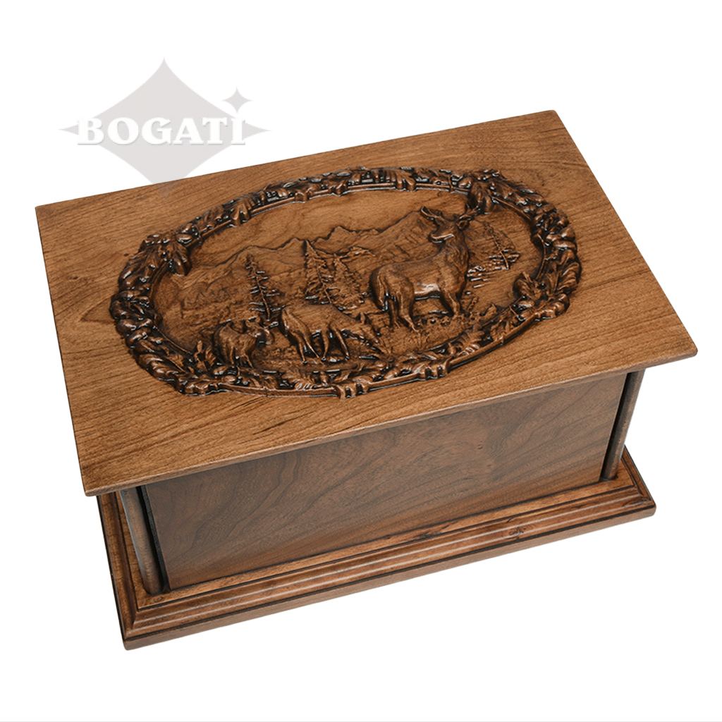 ADULT - Cherry Wood Handmade Carved Urn with Elk Mountain Scene