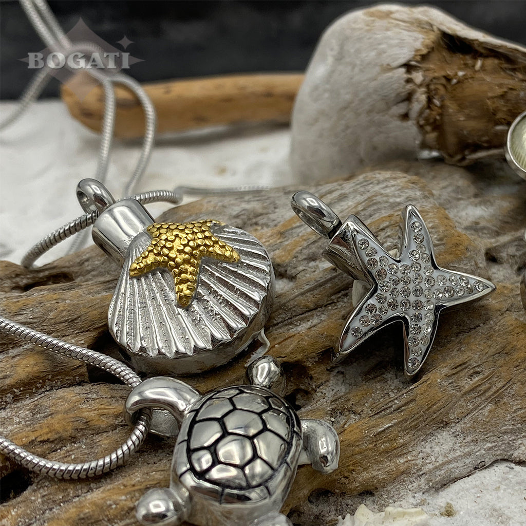 J-002 - Scallop Shell with Starfish - Silver and Gold-tones - Pendant with Chain