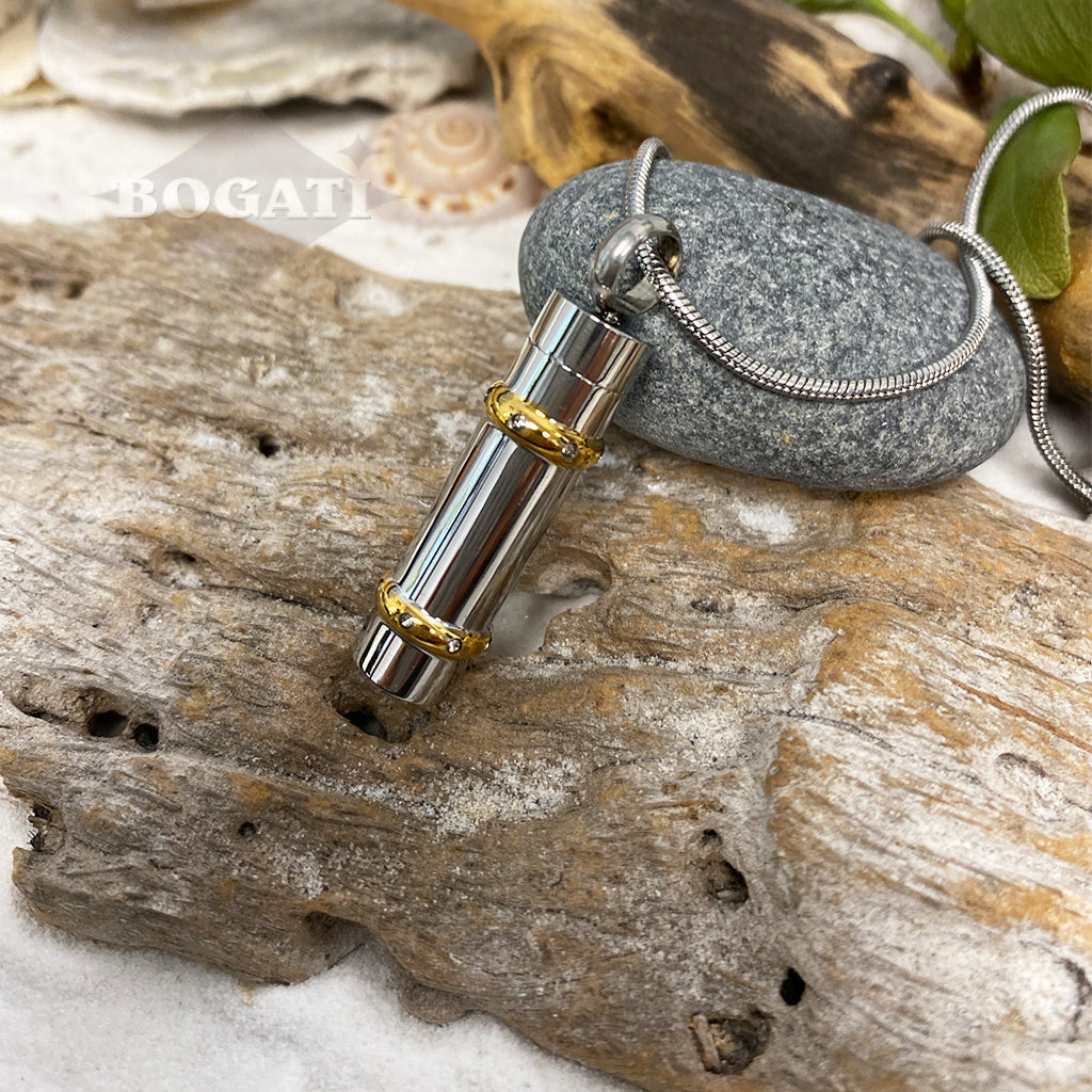 J-007 - Cylinder with Gold-tone Bands - Pendant with Chain