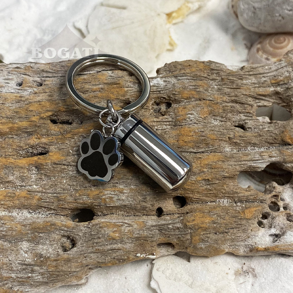 J-022 - Cylinder with Paw Print Charm - Silver-tone - Keychain