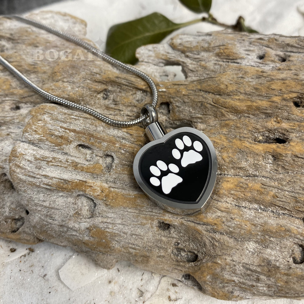 J-027 - Two White Paw Prints Heart - Black & Silver-tone - Pendant with Chain