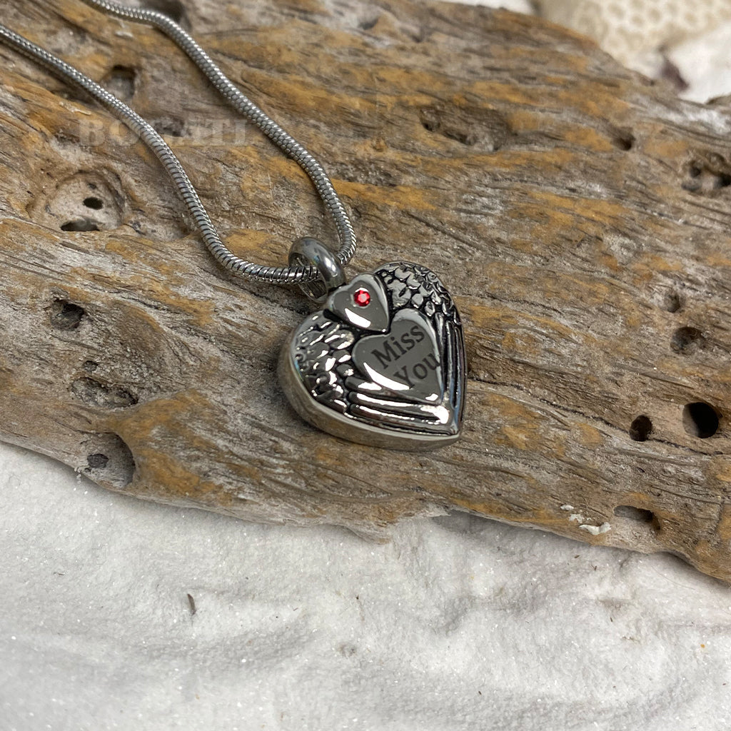 J-060 - “Miss You” Heart with Angel Wings - Silver-tone - Pendant with Chain