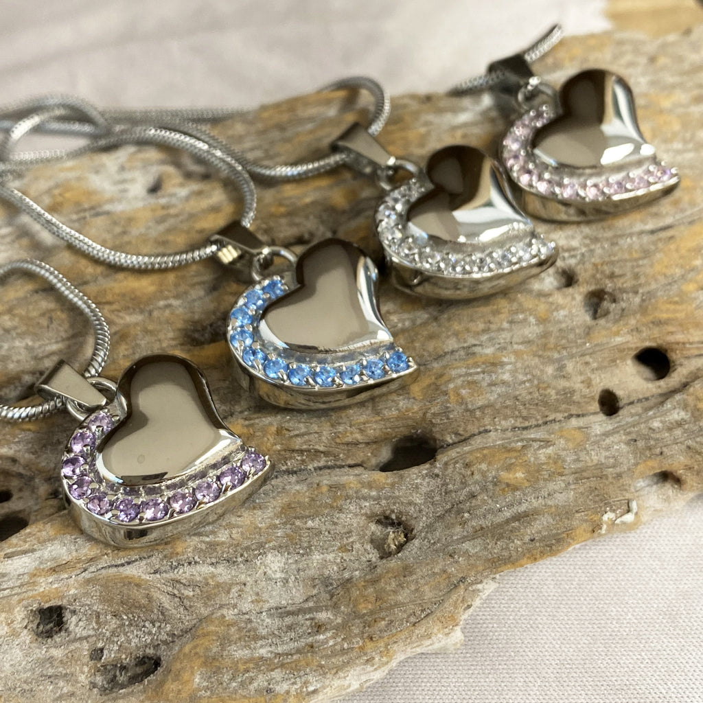 J-077 - Curved Silver Heart with Crystal Stones - Pendant with Chain