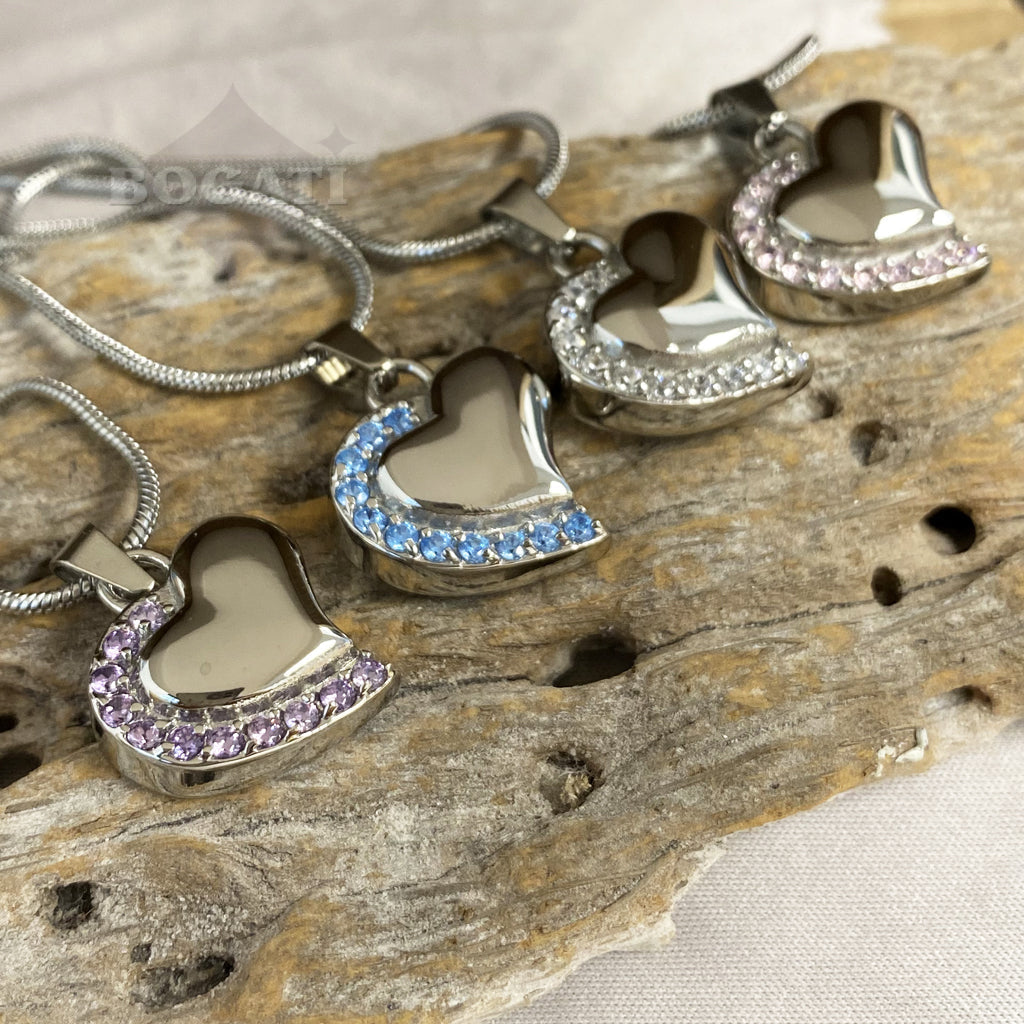 J-077 - Curved Silver Heart with Clear Stones - Pendant with Chain