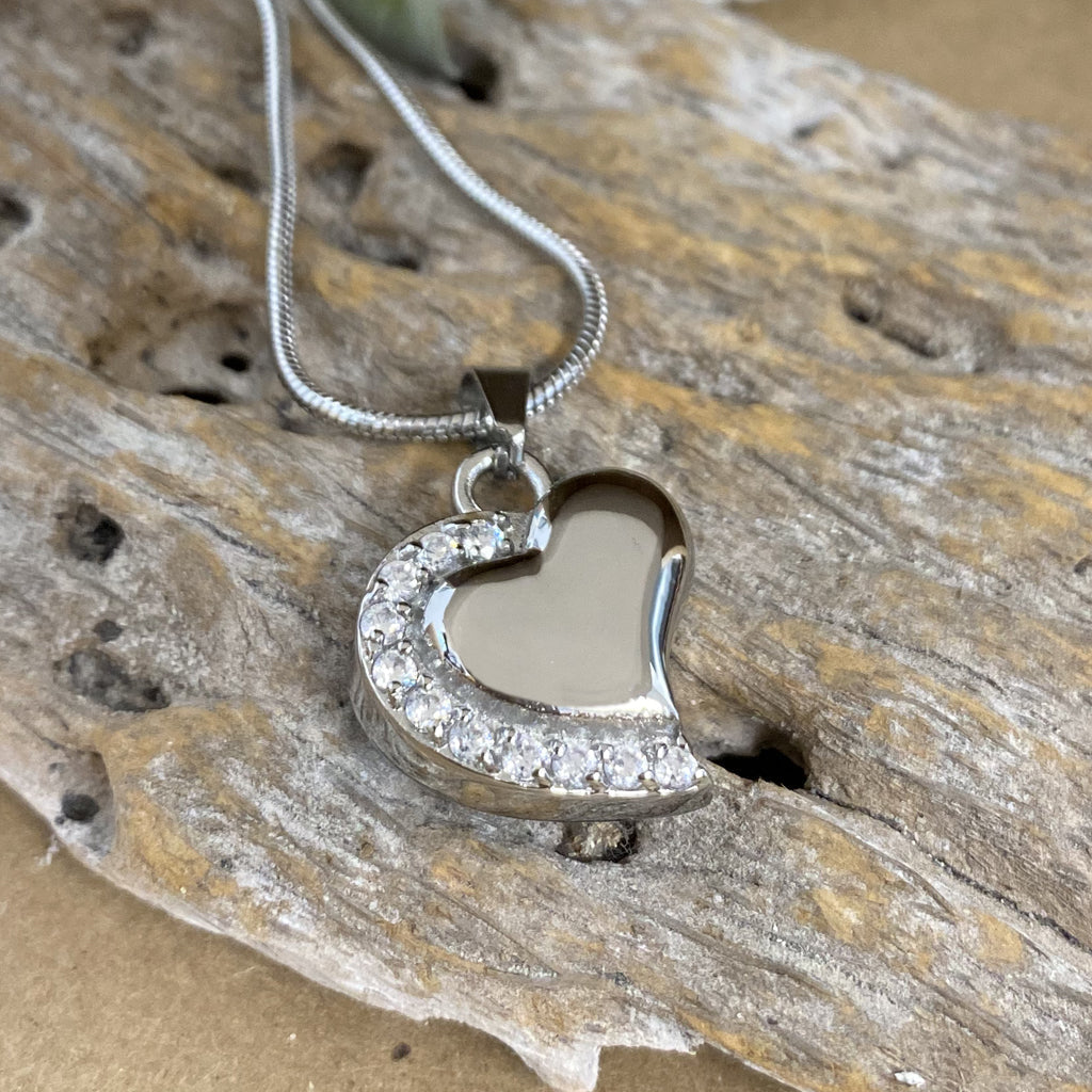 J-077 - Curved Silver Heart with Clear Stones - Pendant with Chain