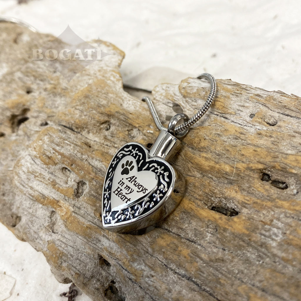 J-084 - Banded Heart with Paw Print “Always in my Heart” - Silver-tone - Pendant with Chain