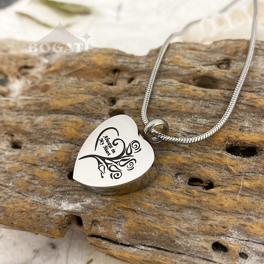 J-1075 - Heart with Floral “Always in my Heart” - Silver-tone - Pendant with Chain