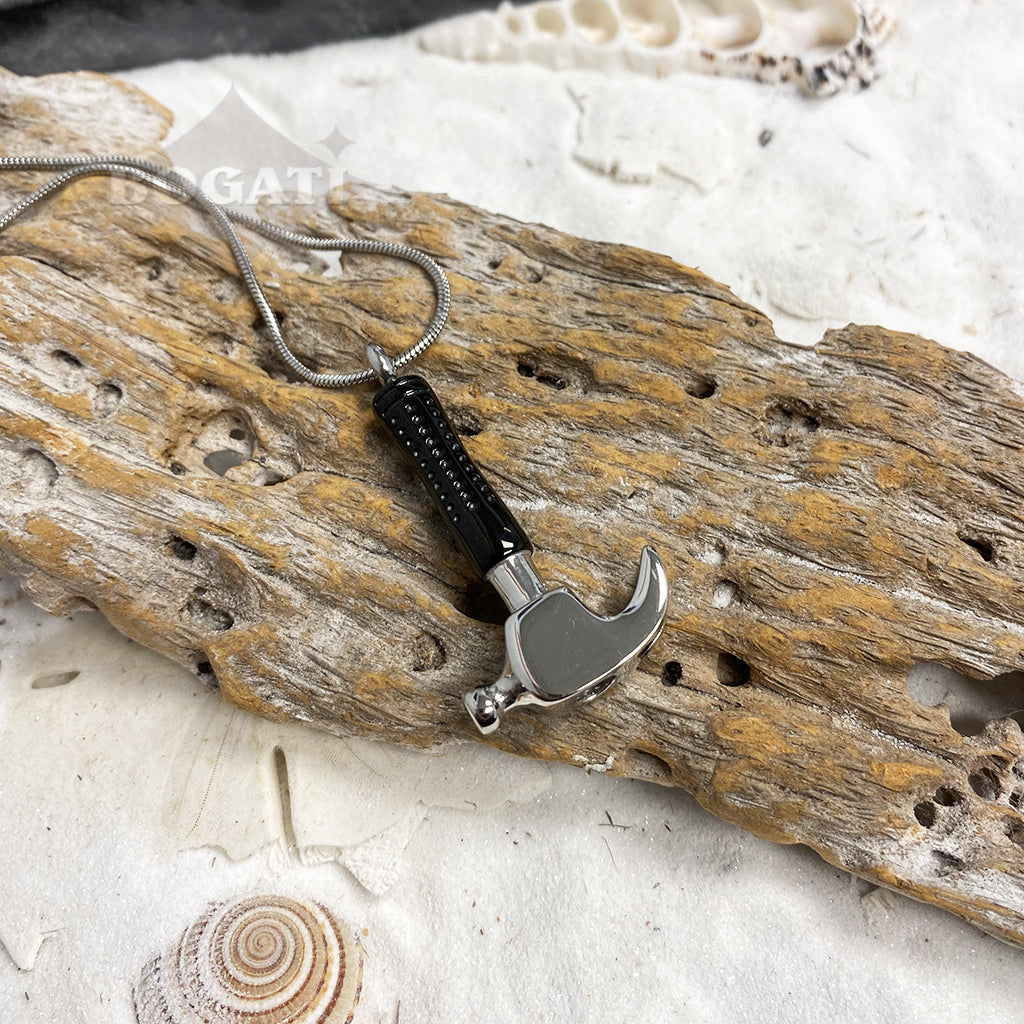 J-1408 - Hammer - Silver and Black - Pendant with Chain