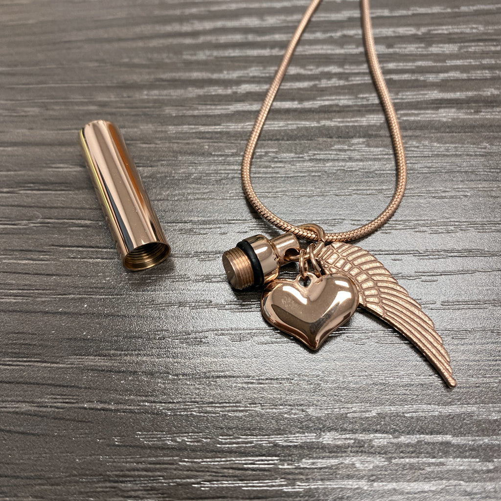 J-205 - Rose Gold-tone Cylinder with Angel Wing and Heart - Pendant with Chain