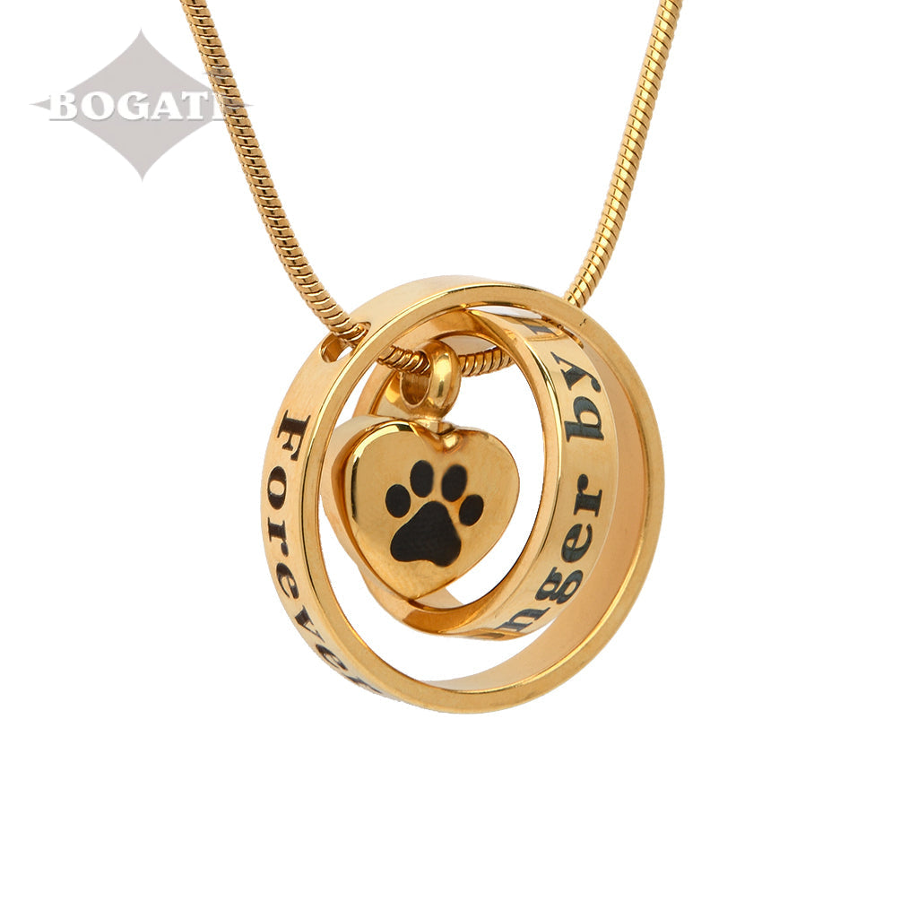 J-500 - Intertwining Rings with Heart-Paw Charm - Pendant with Chain - Gold