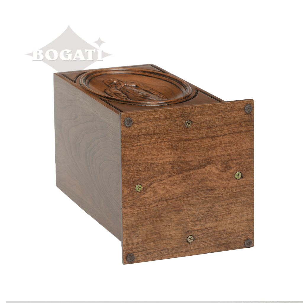 ADULT - Cherry Wood Handmade Carved Tower Urn with the Virgin Mary