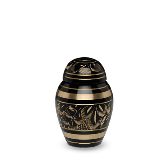 KEEPSAKE –  Brass Urn -1509- Floral Etched Brass with Dome Top- Black and Gold