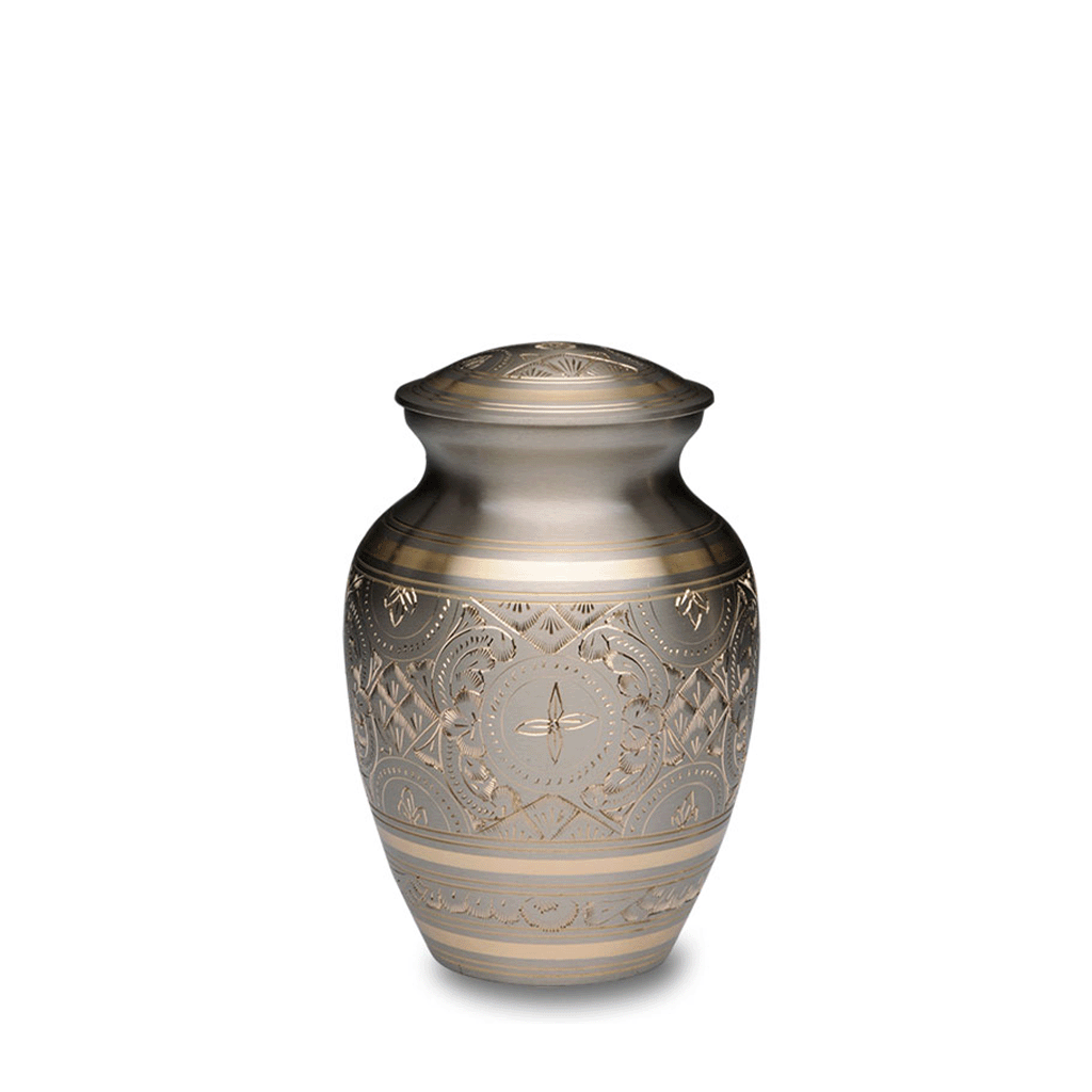 SMALL-1575- Brass Urn - Hand Etched Urn - Platinum & Gold