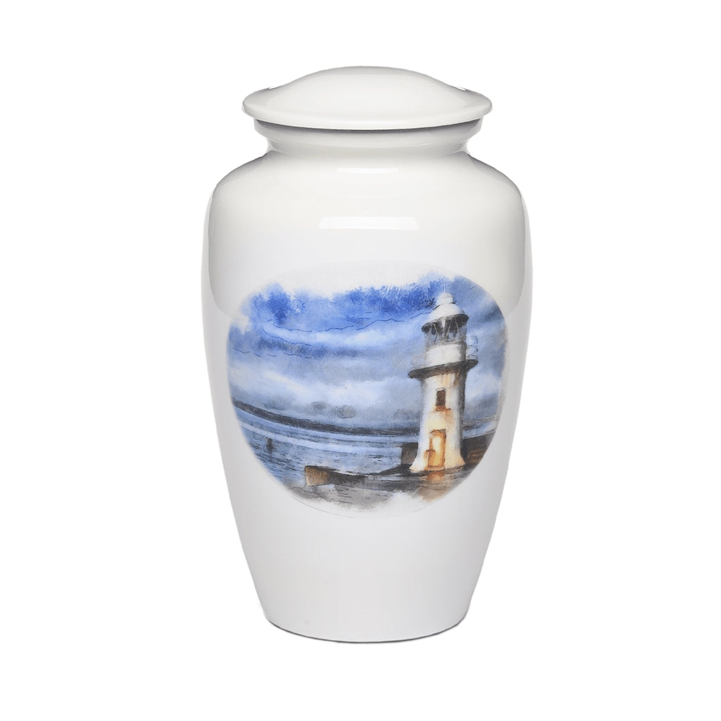 ADULT -Classic Alloy Urn -3126– WHITE with LIGHTHOUSE
