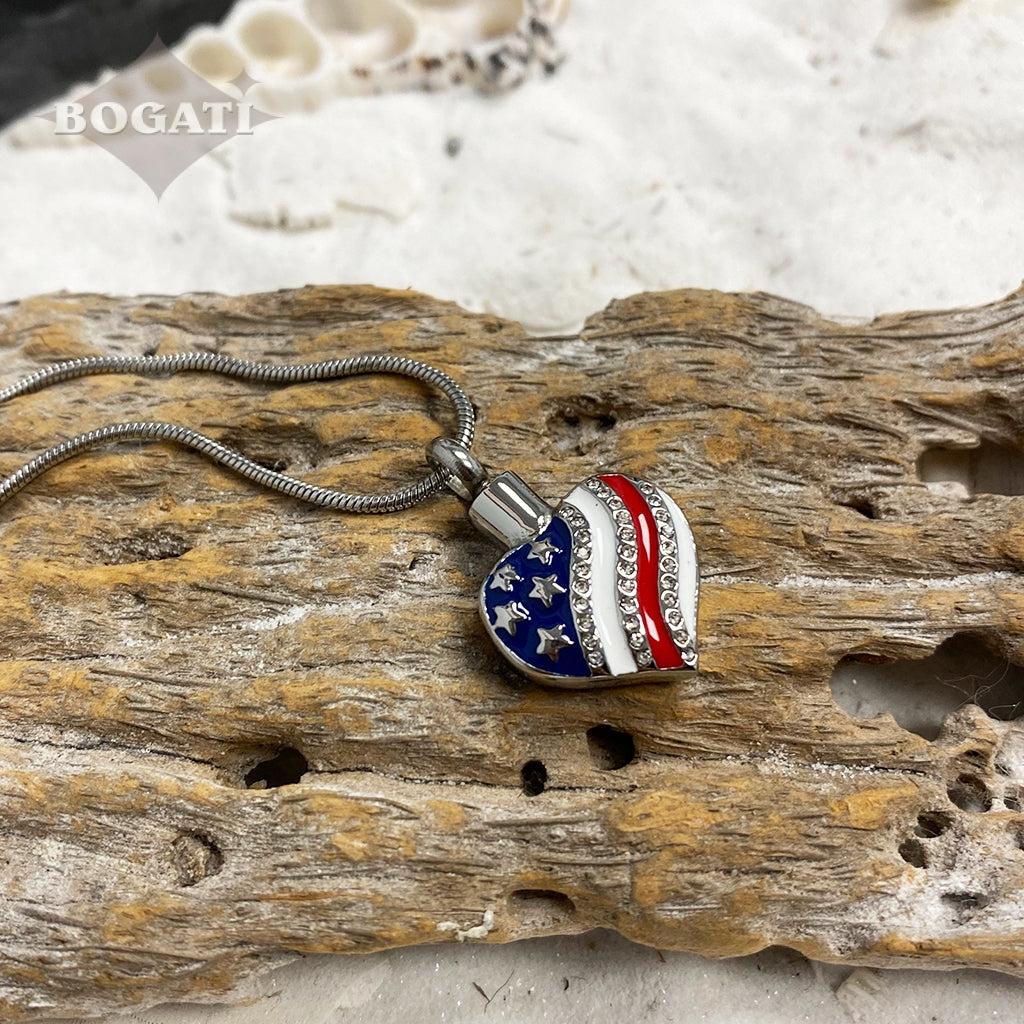 J-142 - Heart with American Flag - Silver-tone - Pendant with Chain