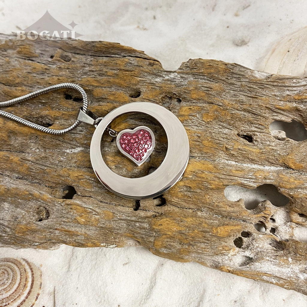 J-152 - Circle with Pink Heart - Silver-tone - Pendant with Chain