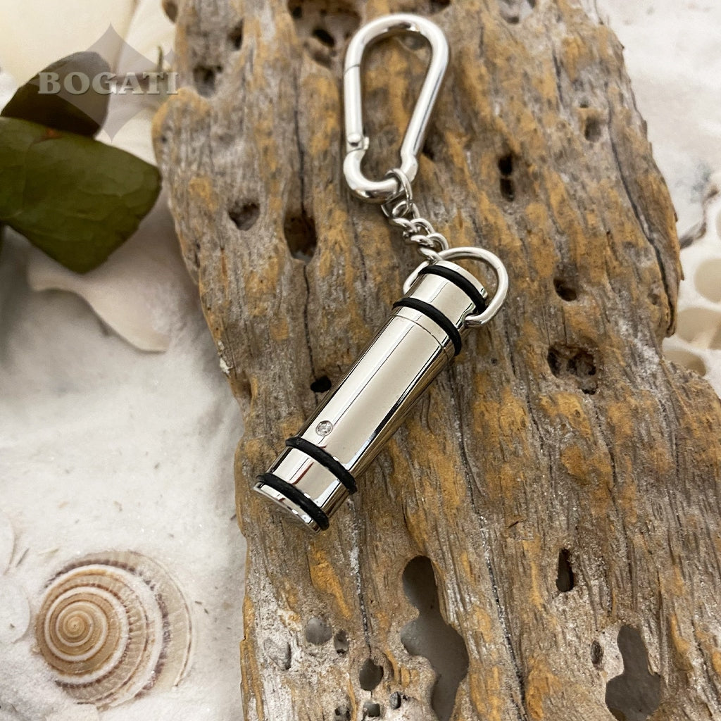 J-200 - Cylinder with Black Bands - Silver-tone - Keychain