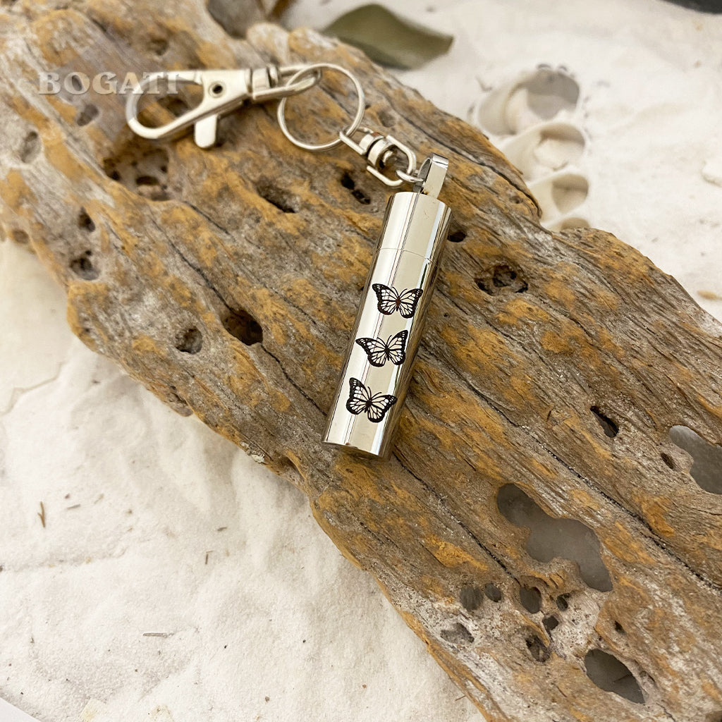 J-300 - Butterflies Cylinder - Silver-tone - Keychain