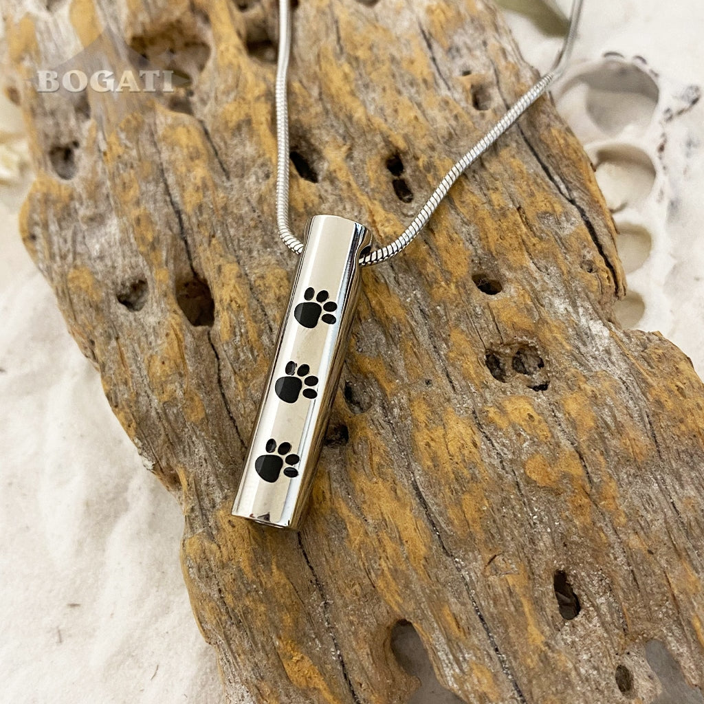 J-473 Cylinder with Three Paw Prints - Cremation Pendant with Chain