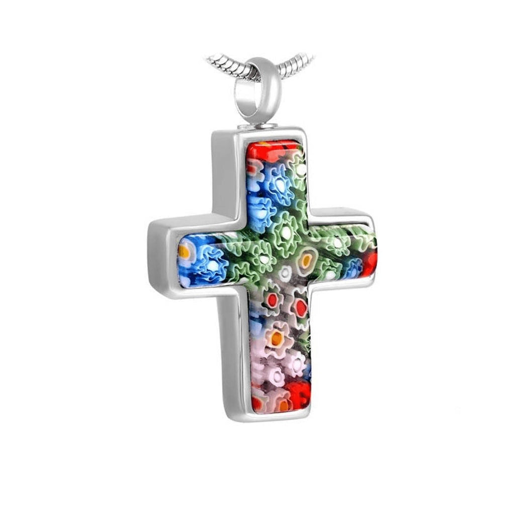 J-645 - Millefiori Glass Cross - Silver-tone - Pendant with Chain