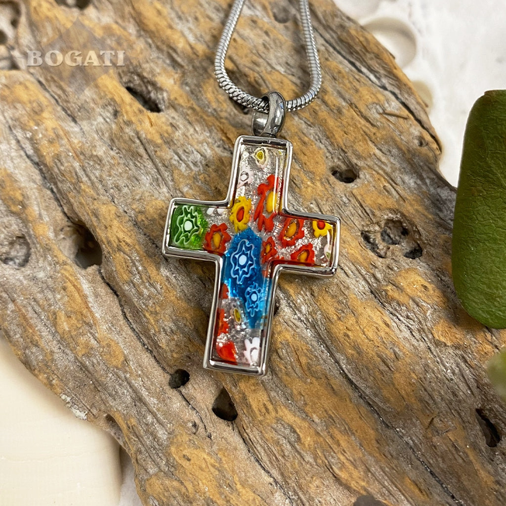 J-645 - Millefiori Glass Cross - Silver-tone - Pendant with Chain